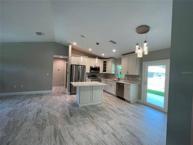 Stainless appliances and beautiful lighting
