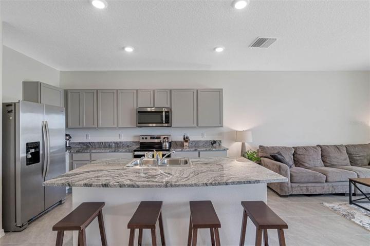Modern Grey Cabinets, Gorgeous Grey and White Granite Counter Tops and Samsung Stainless Steel Appliances