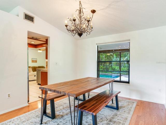 Dining area with wooden floors