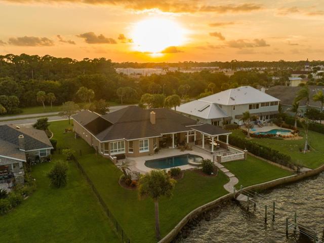 Main exterior at sunset