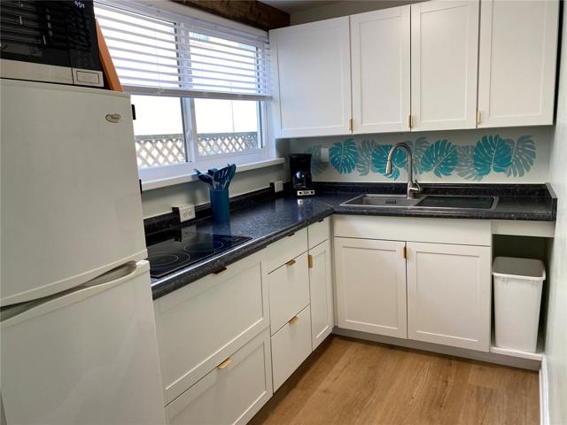 Kitchen - cooktop, small dishwasher, microwave, fridge, dishes and utensils