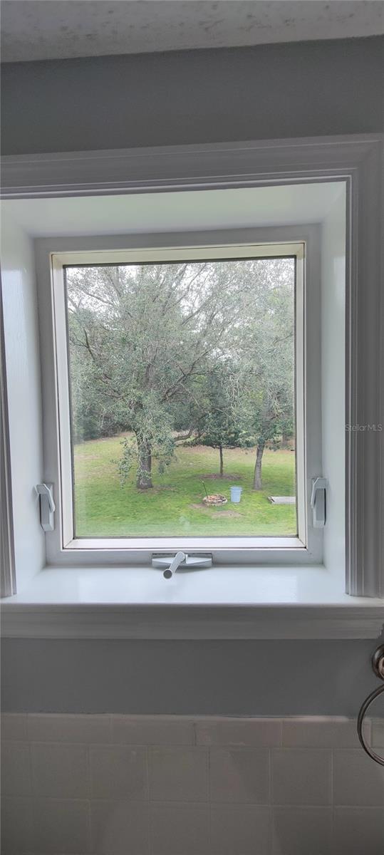 Upstairs master bathroom crank open, double pane,  casement window.
