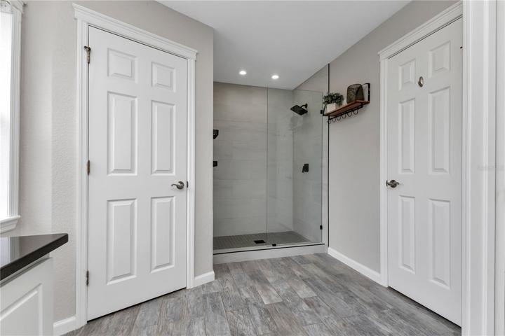 Large walk-in shower, linen closet, and walk-in closet