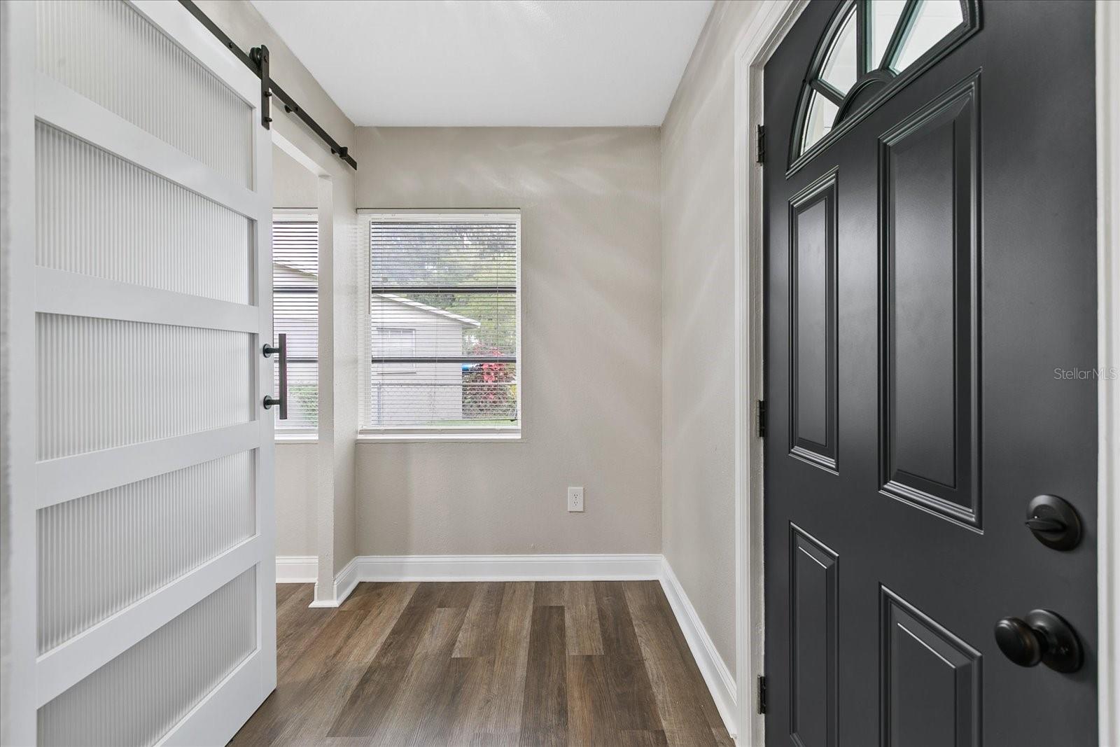 Super cool frosted glass barn door to office