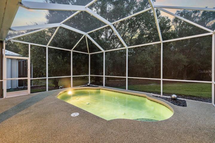 Screened-in lanai featuring a heated saltwater pool, rubber tec decking, and preserve views. NEW Pool Pump, NEW Pool Filter Canister, and New Salt Cell.