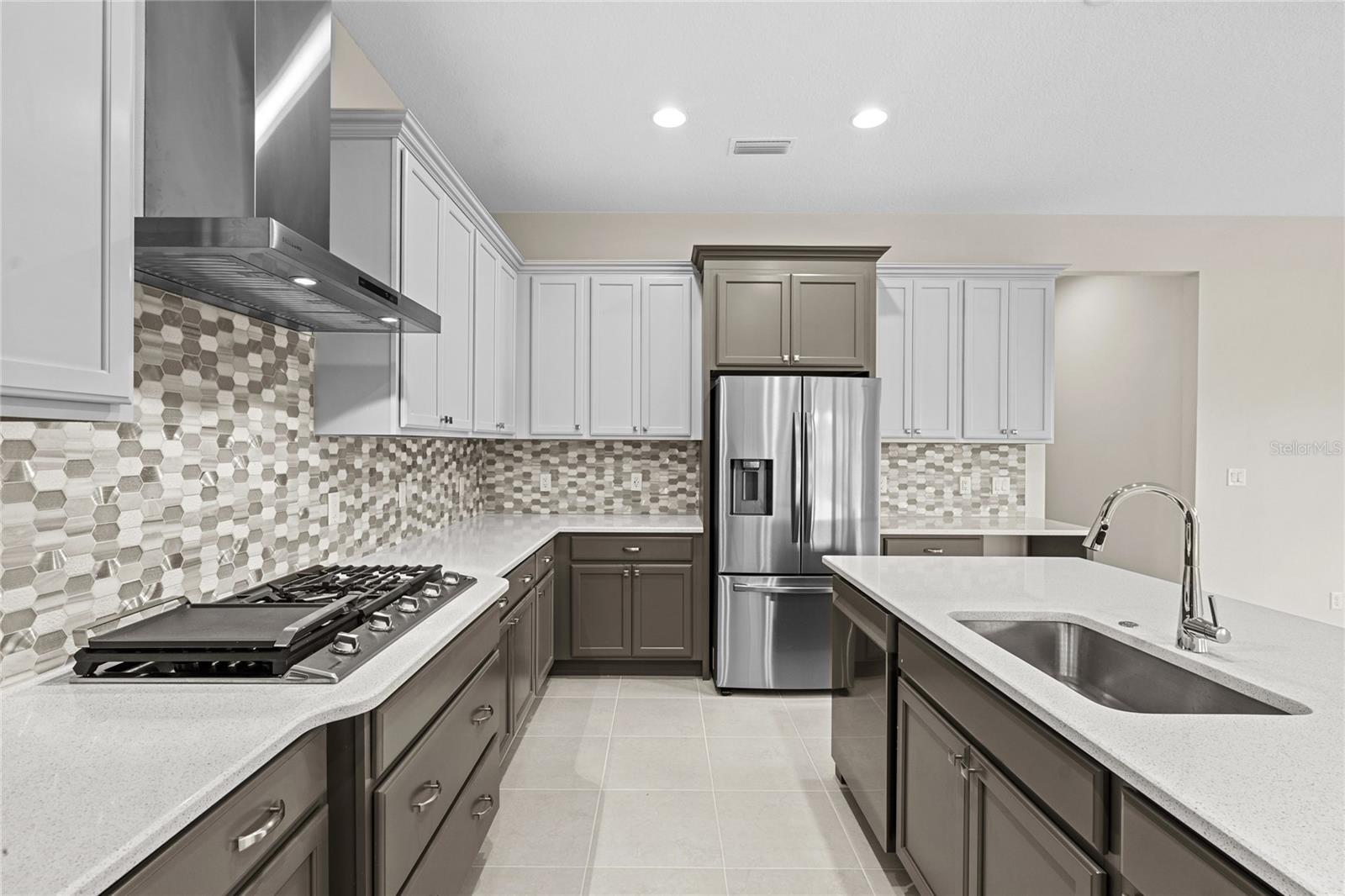 Kitchen. Gas cooktop , chimney hood, refrigerator.