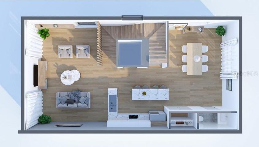 Second level floor plan-kitchen, living, dining areas