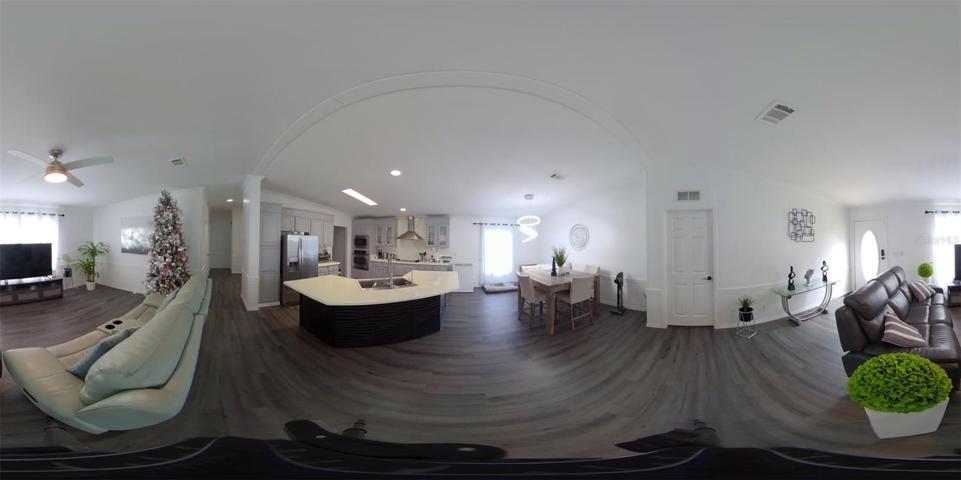 Living room, kitchen area.