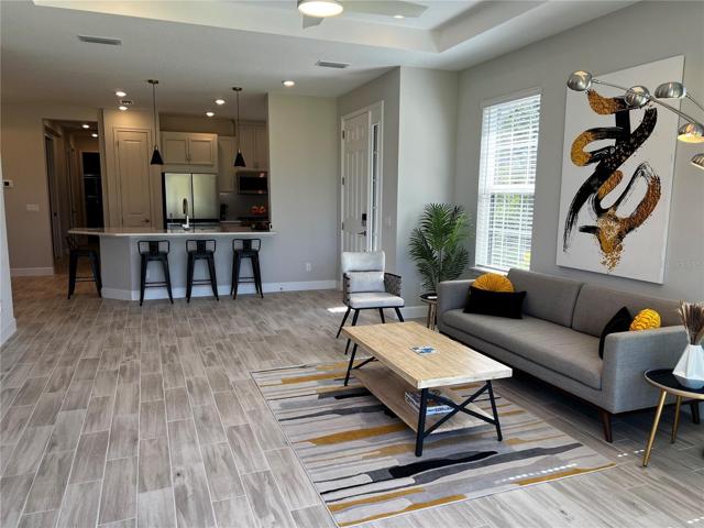 Living Room with View to the front door and Kitchen