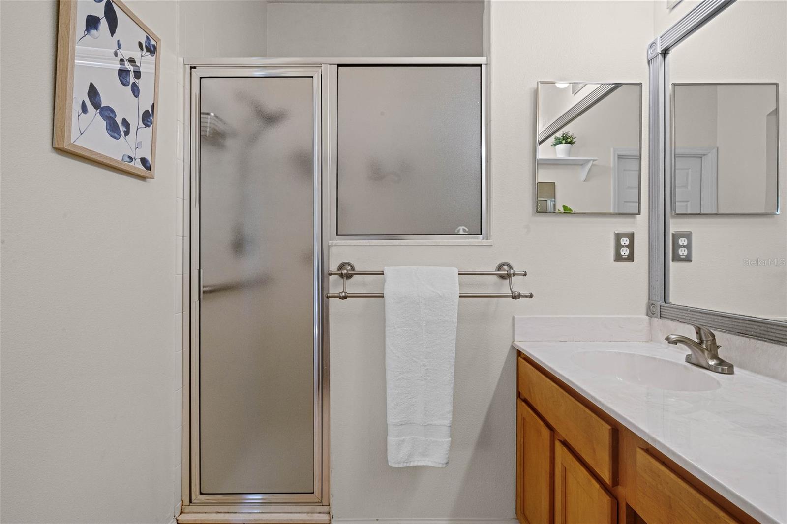Glass enclosed walk-in shower w/ grab bars in Master Bedroom