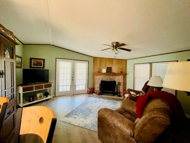Family room with wood burning fireplace