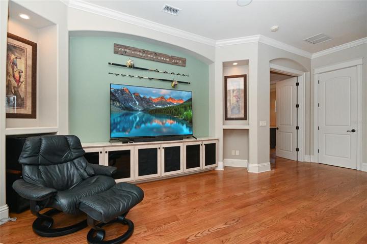 Built-in entertainment center is perfect for concealing electronics.