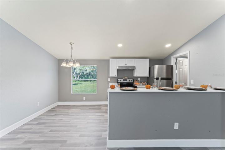 Kitchen and dining room from living room.