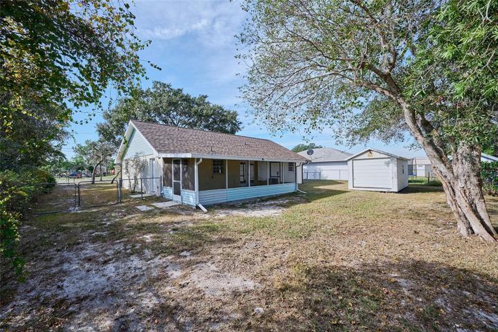Large backyard with oak tree