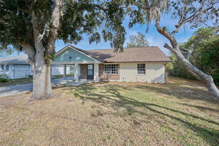 Large front yard with lovely oak tree