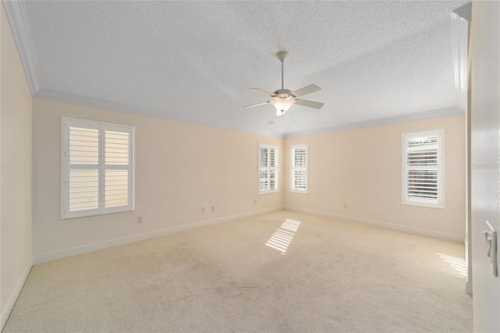 Primary bedroom with lots of windows and Plantation shutters
