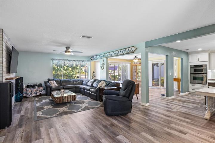 open concept from living areas to kitchen and dining