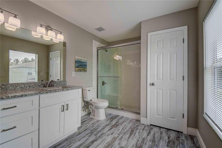 Master bathroom with granite countertops, walk in shower, linen closet and all new lighting.