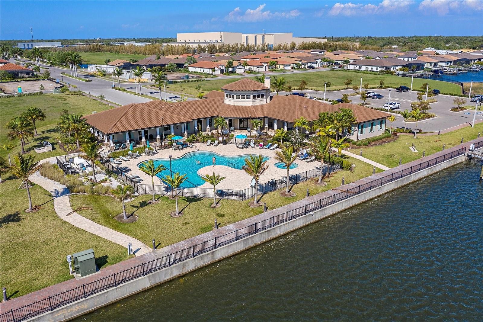 Aerial view of clubhouse and pool