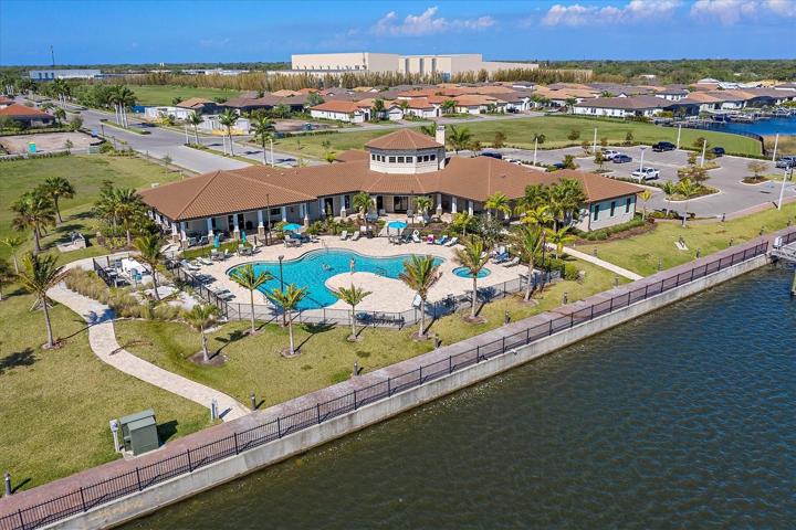 Aerial view of clubhouse and pool