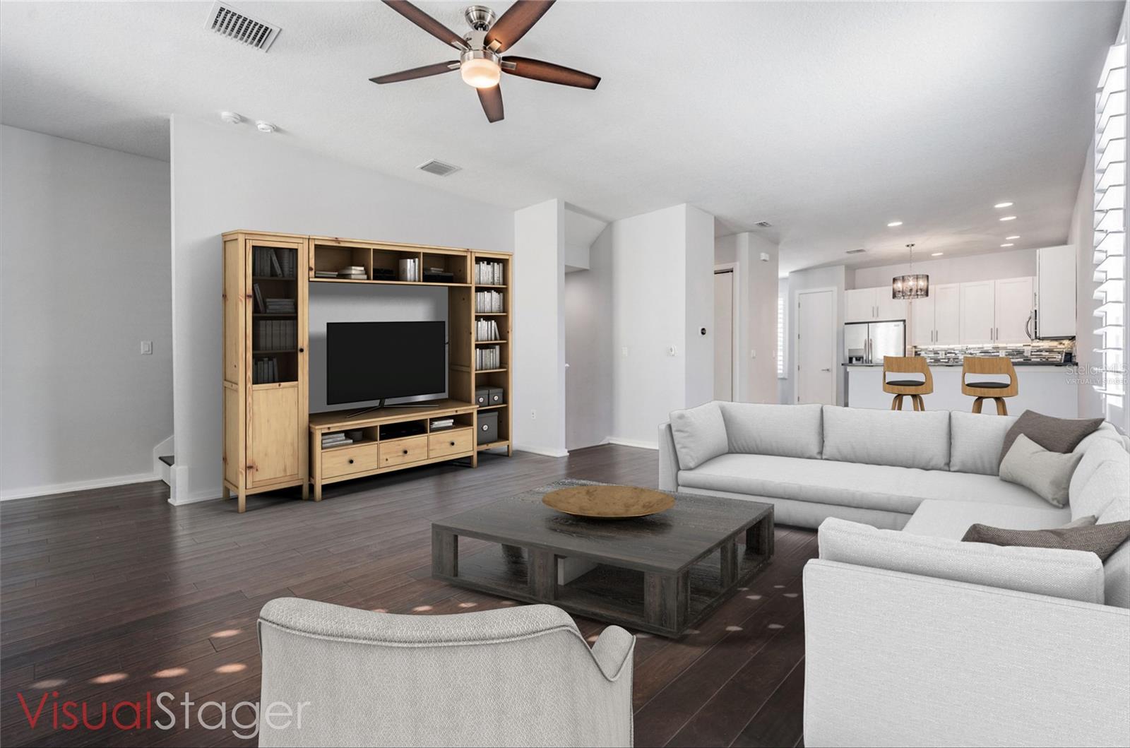 Virtually Staged - Second Floor - Family Room, Kitchen, Dining, Guest Bath and Laundry