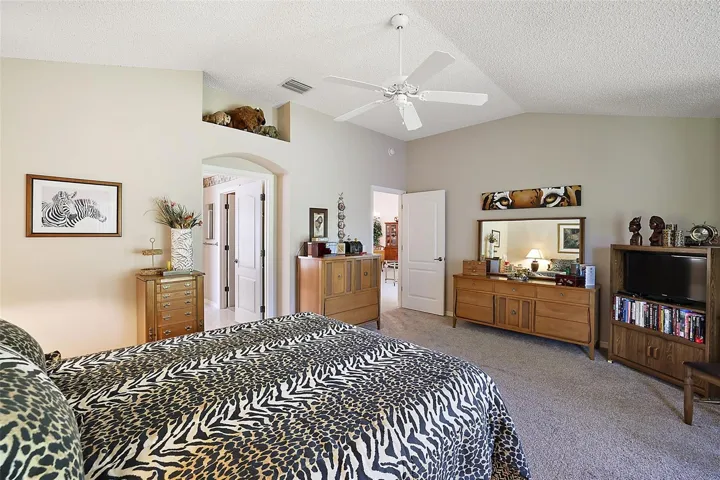 Primary Bedroom w/Vaulted Ceiling with furnishings