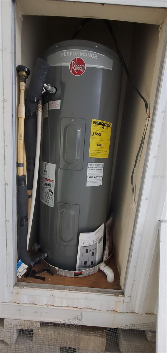 water heater is located within a panel on the side of the house.
