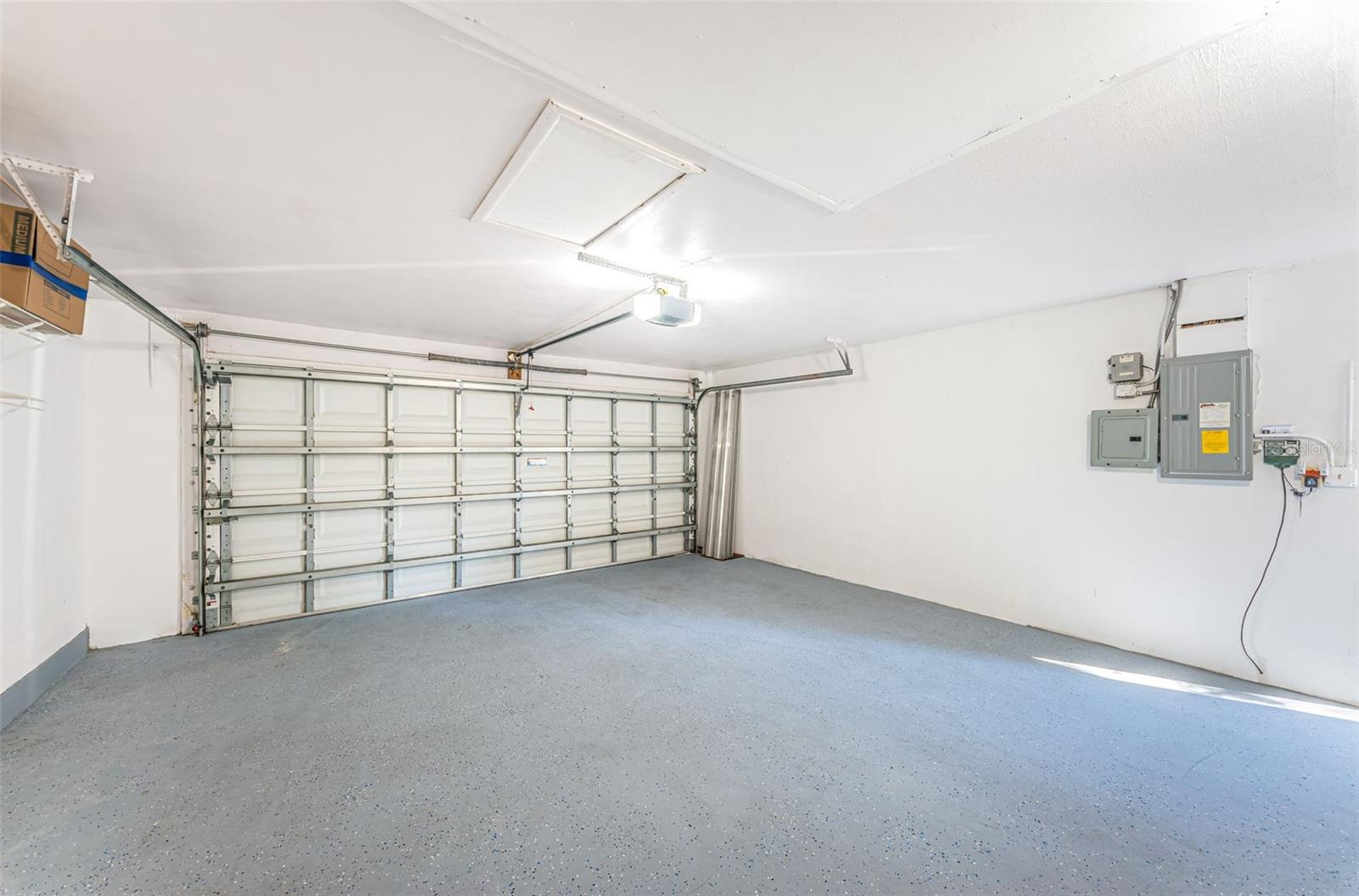 Garage with freshly painted flooring