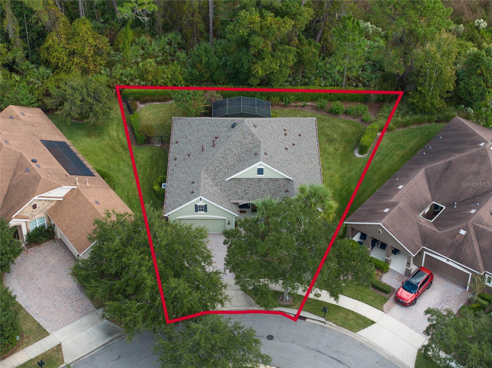 Aerial view from front of home &amp; approximate property boundary