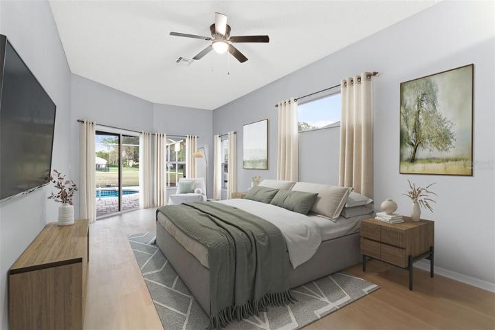 *Virtually Staged* Master Bedroom with King Bed Pool View, Modern Layout