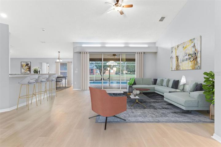 *Virtually Staged* Modern Living Room with Bar Top & Pool View