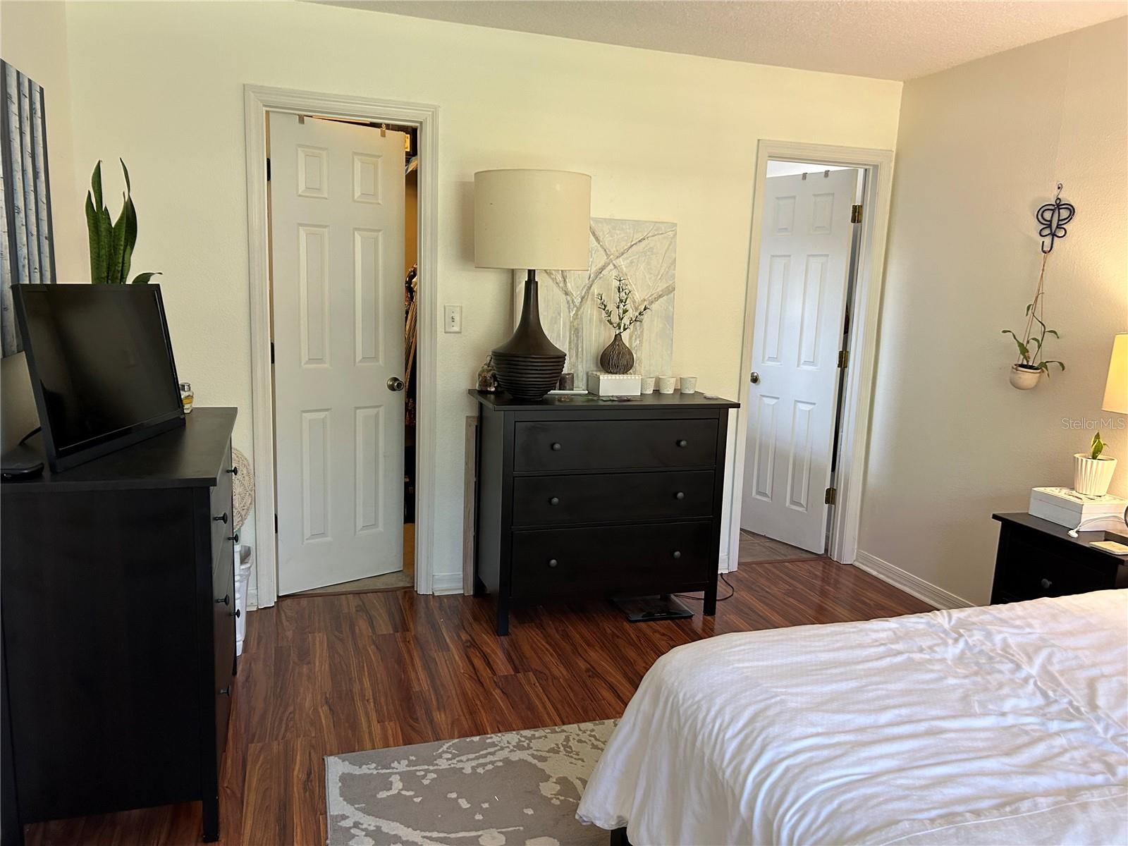 Master bedroom; walk-in closet at left; en suite bathroom at right.