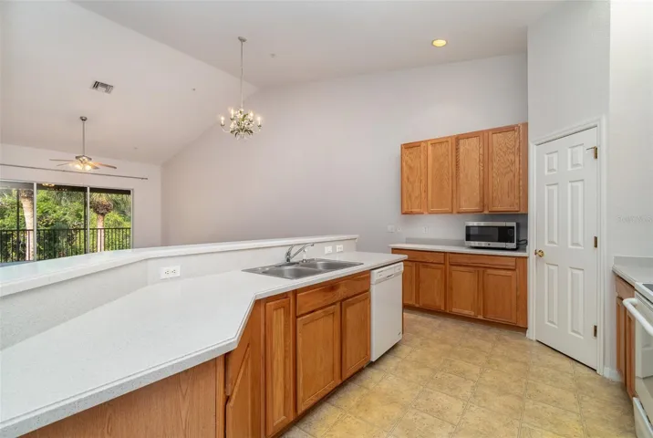 A perspective from the kitchen showcasing the side with the sink, offering a view out towards the preserve.