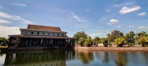 View of the clubhouse and water.