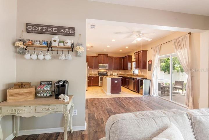 Double sliding glass doors fill the kitchen and family room with light