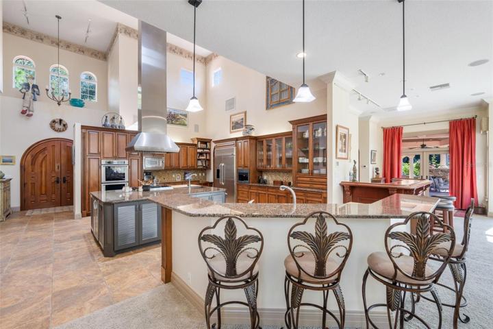 Large kitchen with stunning ceilings, large countertops, door left of fridge to walk in pantry!