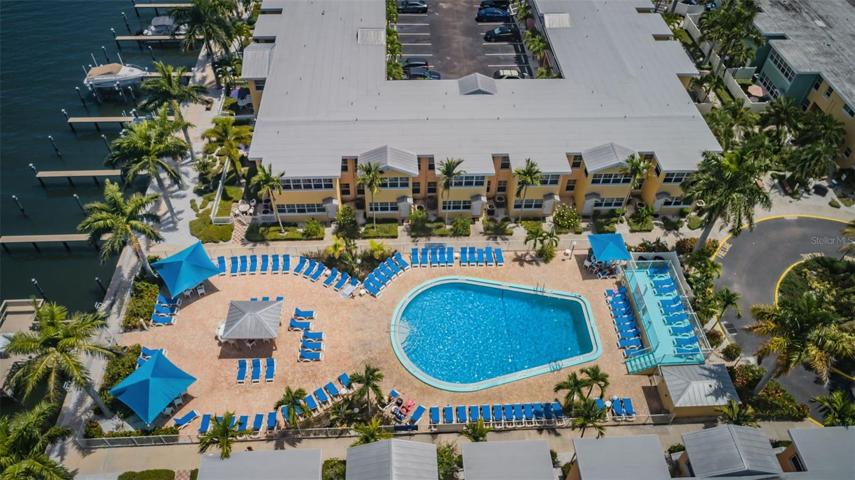 Aerial view of resort, pool and boat docks