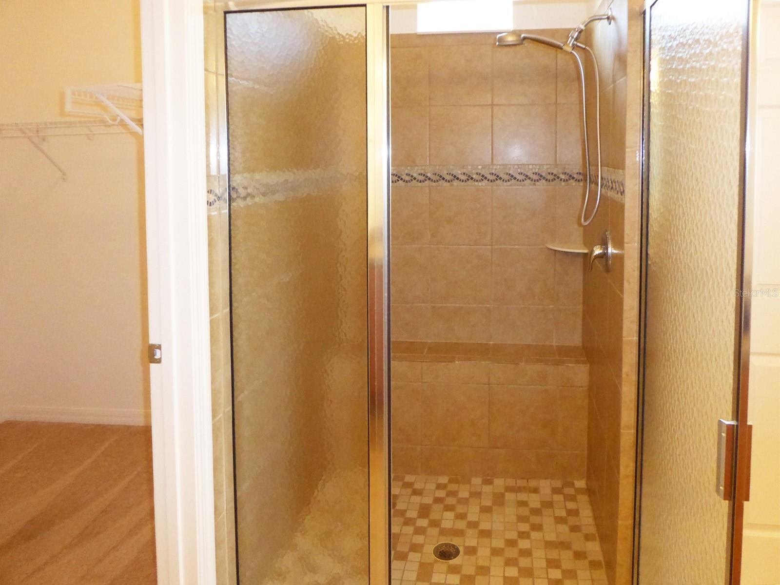 Primary bath shower and walk-in closet entrance