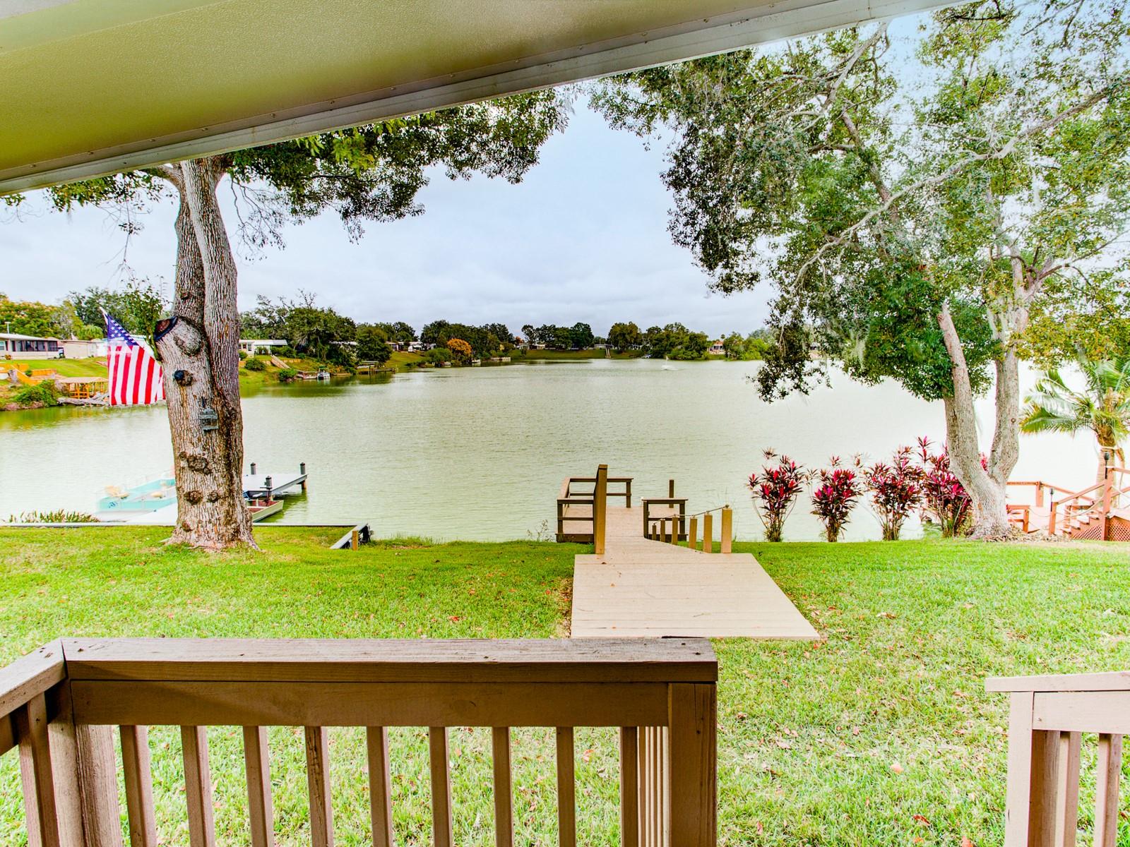 Lake and wooden deck.