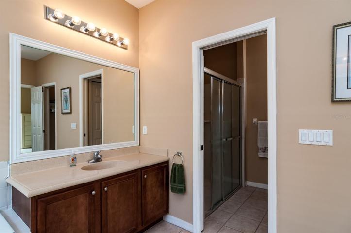 The molded sink in the second vanity. The stall shower and toilet area are behind the pocket door.