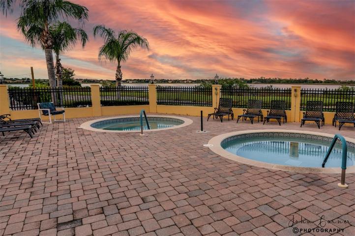The spa patio is just outside the Health and Fitness Center indoor pool.