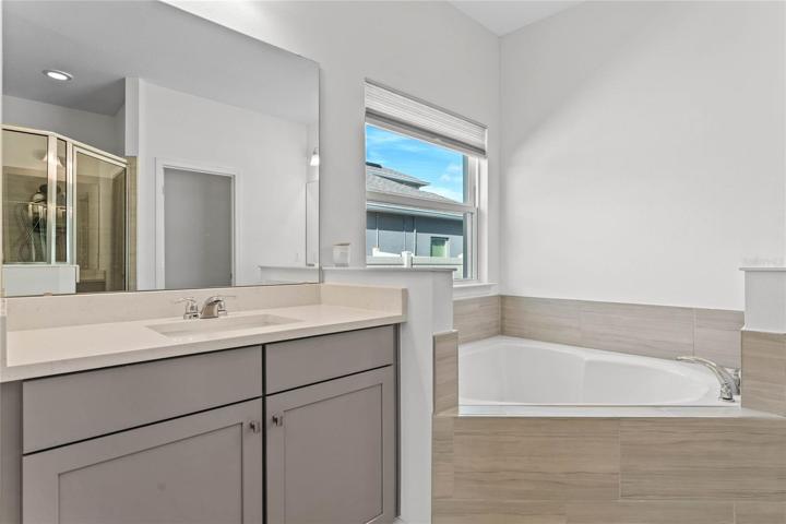 One of the double vanities and garden tub!