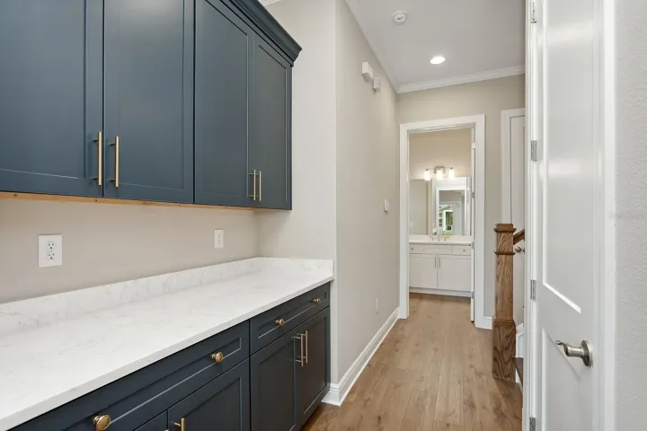 Base cabinets & 42” high wall cabinet in hall from garage to kitchen.