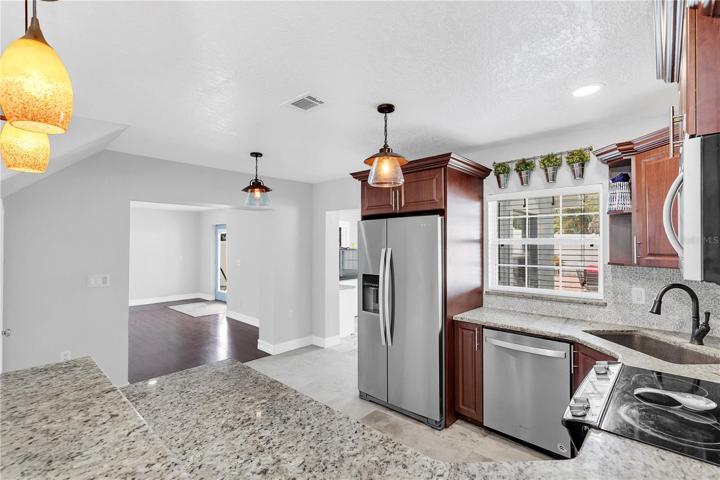 Kitchen opens to living, dining and Family room