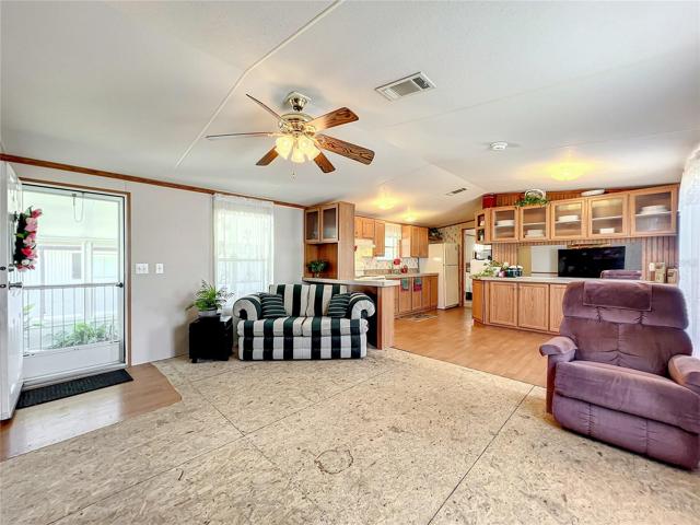 Living room and view into the kitchen