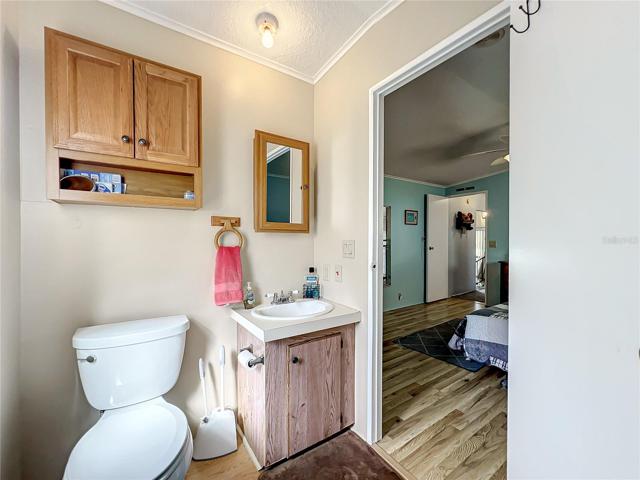 View from bathroom into the primary bedroom
