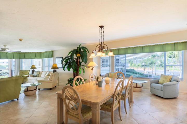 Dining overlooks green space.