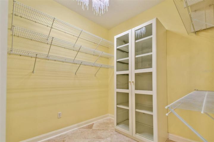 Primary walk-in closet with glass cabinetry.