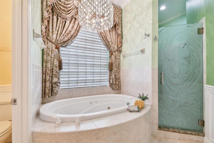 Spa tub and motorized window shade.