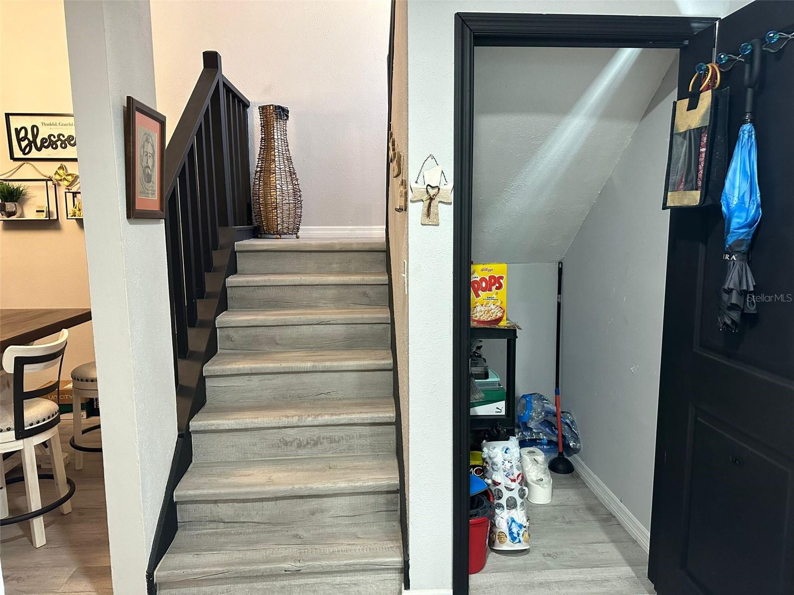 Stairs to the second room and bathroom- Door to the right is under the stairs pantry